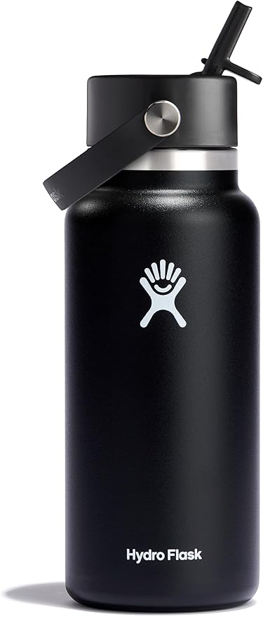 Hydro Flask Water Bottle - Insulated Stainless Steel - Wide Mouth Flex Straw Lid, Non Spill, Leakproof and Refillable in 32 Oz Black