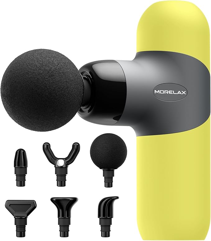 Morelax Mini Massage Gun Portable Deep Tissue Muscle Percussion Massager, Electric Handheld Sport Massager with 6 Massage Heads 4 Speed, Best Gift (Yellow)