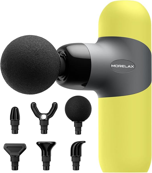 Morelax Mini Massage Gun Portable Deep Tissue Muscle Percussion Massager, Electric Handheld Sport Massager with 6 Massage Heads 4 Speed, Best Gift (Yellow)