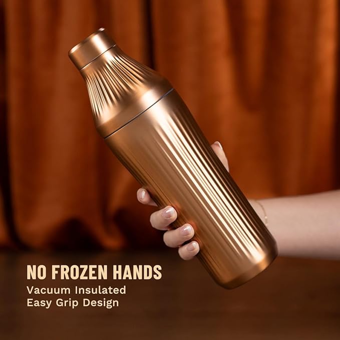 Elevated Craft Diamond Edition Hybrid Cocktail Shaker Set - Premium Vacuum Insulated Brushed Copper, 28 oz, Includes Built-In Strainer, Precise Measuring Top & XL Polishing Cloth - Martini Shaker