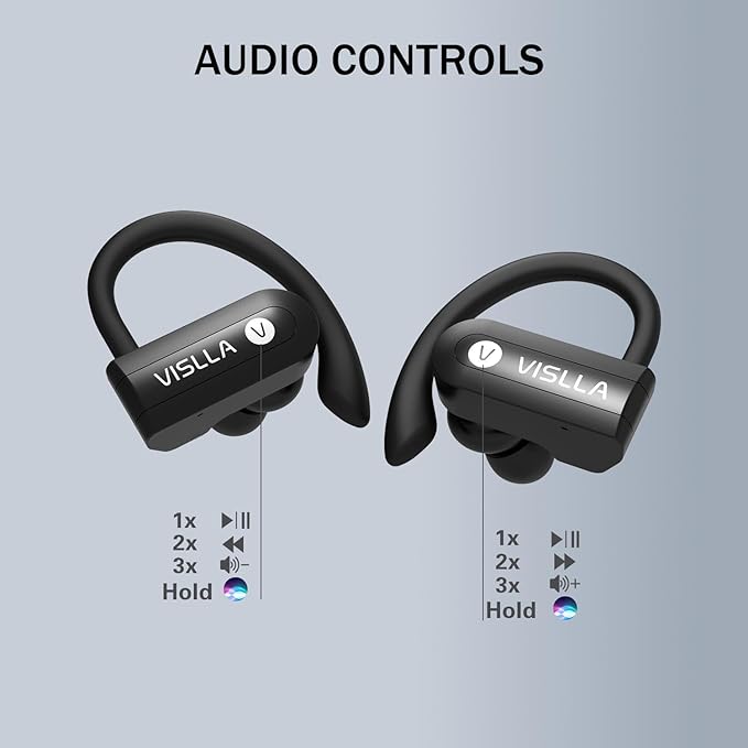 Vislla Wireless Earbuds, Bluetooth Earbuds with Earhooks, 82H Long Battery Life,HiFi Running Headphones with Mic,PU Leather Charging Case,Waterproof Sport Ear Buds for Gym Working Out
