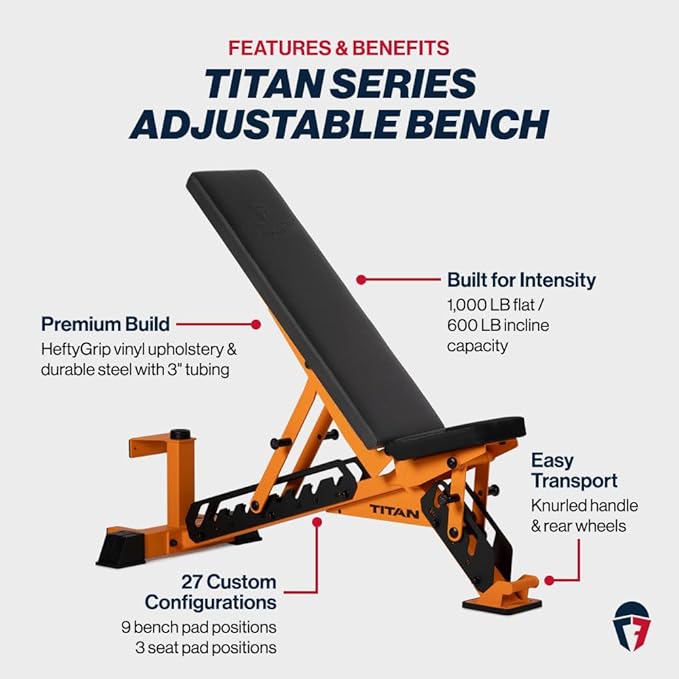 Titan Fitness TITAN Series Adjustable Bench, Supports 600 LB Incline, 1,000 LB Flat, Versatile Single Post Utility Workout Bench for Home Gym, Weightlifting, Strength Training