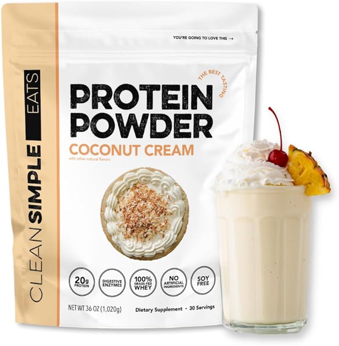 Clean Simple Eats Whey Protein Powder, Coconut Cream Flavor Naturally Sweetened, 100% Grass Fed Protein Powder with Digestive Enzymes & No Artificial Ingredients, Gluten Free, 30 Servings