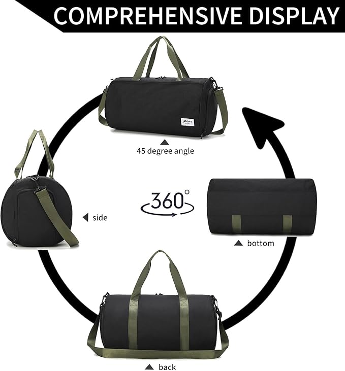 BE SMART Waterproof Mens Gym Bag with Shoe Compartment, Duffle Bag with Wet Pocket for Men, Lightweight Large Sport Duffel Bag With Tpu Pocket (Black/olive green with TPU pocket)