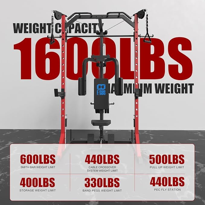FAGUS Smith Machine Home Gym Power Cage with Pulley System, Space Saving Design Squat Rack with Full Body Strength Training Attachments, PEC Station & Fixed Cable Crossover Optional