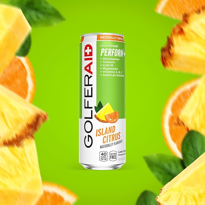GOLFERAID Performance Blend, Up Your Golf Game, No Caffeine, Glucosamine, Turmeric, MSM, CoQ10, B-Complex, BCAAs and Electrolytes, 40 Calories, 100% Clean, Paleo, Vegan, 12-oz. cans (Pack of 24)