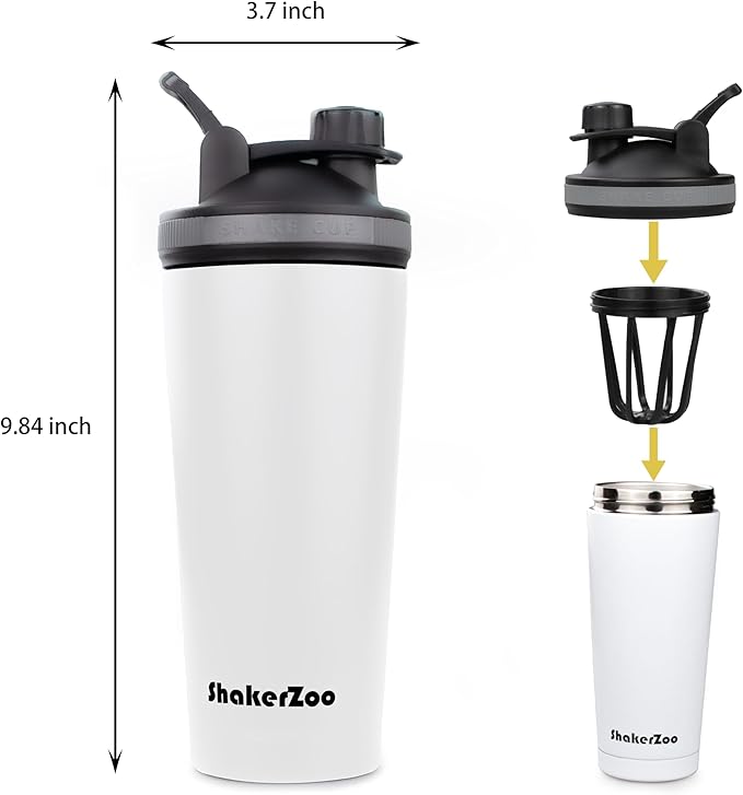 ShakerZoo-1 Pack-Protein Shaker bottles for Protein Mixes, Insulated Stainless Steel Shaker cup (White)