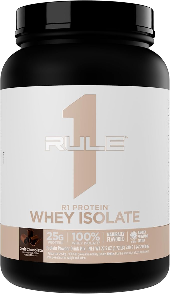 Rule 1 Naturally Flavored R1 Protein Whey Isolate - Clean Formula with 25g Protein & 6g BCAA Exclusively Isolated & Hydrolyzed Sources for Workout Recovery (1.7 Pounds*, Dark Chocolate)