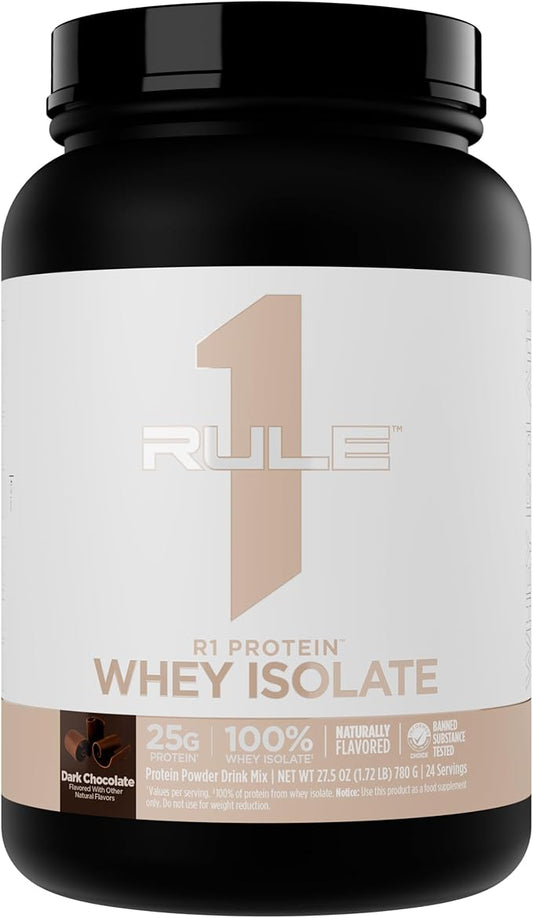 Rule 1 Naturally Flavored R1 Protein Whey Isolate - Clean Formula with 25g Protein & 6g BCAA Exclusively Isolated & Hydrolyzed Sources for Workout Recovery (1.7 Pounds*, Dark Chocolate)