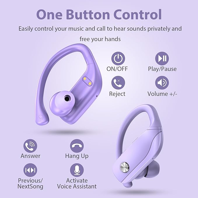 bmanl Wireless Earbuds Bluetooth Headphones 48hrs Play Back Sport Earphones with LED Display Over-Ear Buds with Earhooks Built-in Mic Headset for Workout Purple