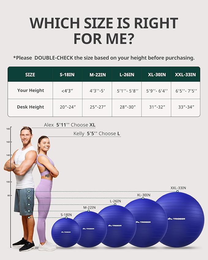 Trideer Extra Thick Yoga Ball Exercise Ball, 5 Sizes Gym Ball, Heavy Duty Ball Chair for Balance, Stability, Pregnancy, Quick Pump Included