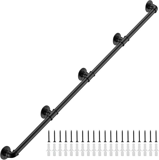 13FT Industrial Stair Railing Wall Mount Staircase Handrail φ1.3" Pipe Hand Rail for Steps Grab Bar Foot Rail Vintage Pipe Railing Black Deck Handrail for Outdoor Indoor Stairs Porch