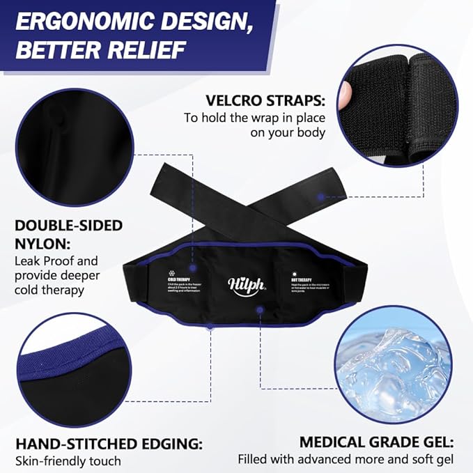 Hilph Low Back Ice Pack Wrap for Men Women, Reusable Gel Back Ice Belt with Hot Cold Therapy for Lumbar Pain, Abdominal Pain, Lumbar Surgery, Sciatic Nerve, Coccyx, Tailbone Pain (Black)