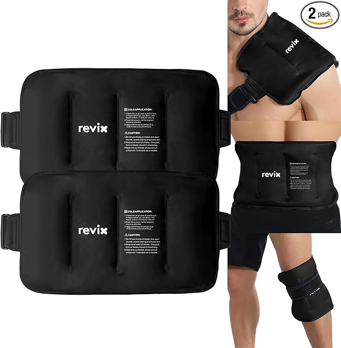REVIX 16" × 9" Flexible Gel Ice Packs Reusable for Lower Back with Strap, Dual-Sided Soft Body Ice Wraps for Shoulder, Neck, Abdomen and Leg Relief, Black 2 Packs