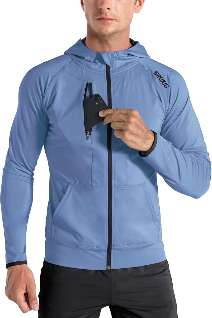 BROKIG Mens WindBreak Lightweight Running Jackets with Zip Pocket, Workout Track Hoodie Athletic Gym Sweatshirts Men