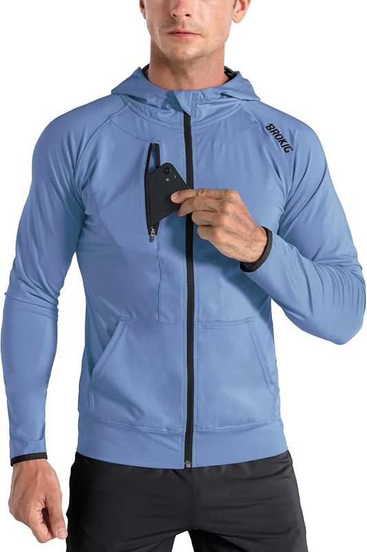 BROKIG Mens WindBreak Lightweight Running Jackets with Zip Pocket, Workout Track Hoodie Athletic Gym Sweatshirts Men