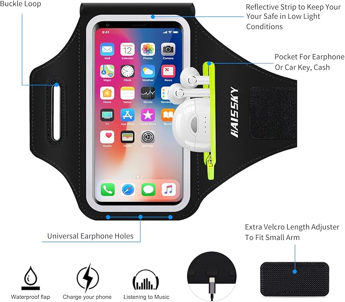 Phone Armband for Running Cell Phone Armband with Zipper Pocket for Earbuds Car Keys, Water Resistant Sport Arm Band for iPhone 16 15 12 11 Pro Galaxy S24 S20 Fit Up to 6.7'' with Phone Case