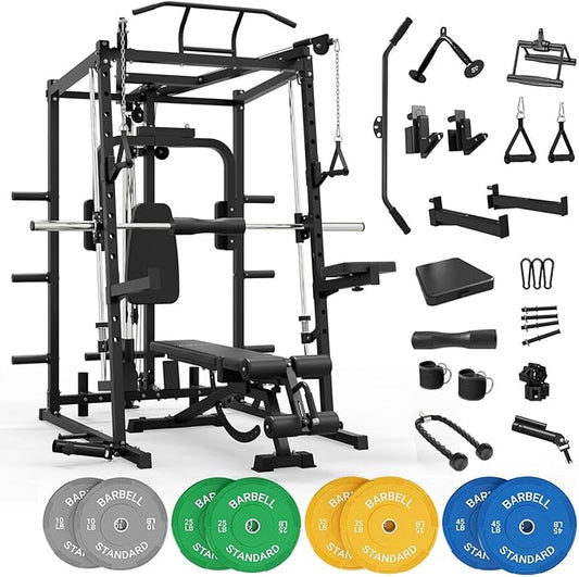 Mikolo All-in-One Smith Machine Home Gym with 230lbs Weight Plates, Power Cage with Cable Crossover, LAT Pulldown, Squat Rack & Adjustable Weight Bench
