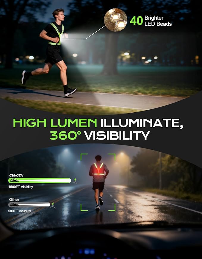 LED Reflective Vest Super Bright Lighting, 360° Visible Running Light for Runners, Waterproof Adjustable Reflective Running Vest Headlamp for Men/Women/Kids Night Walking/Running/Cycling