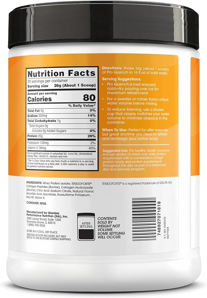 Optimum Nutrition Pro Quench, 10g Clear Protein, 10g Collagen peptides & Electrolyte Powder Drink Mix, Tropical Orange Mango, 20 Servings, 520 Grams (Packaging May Vary)
