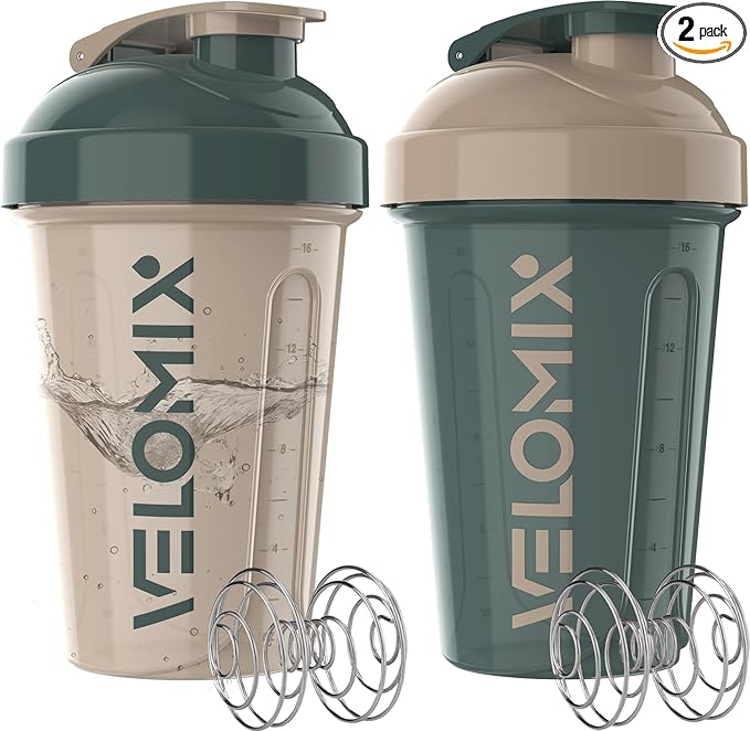 VELOMIX -2 Pack- 20 oz Protein Shaker Bottles for Protein Mixes - 2x Wire Whisk | Leak Proof Shaker Cups for Protein Shakes and Pre Workout | Protein Shaker Bottle Pack (L) Blue&Beige