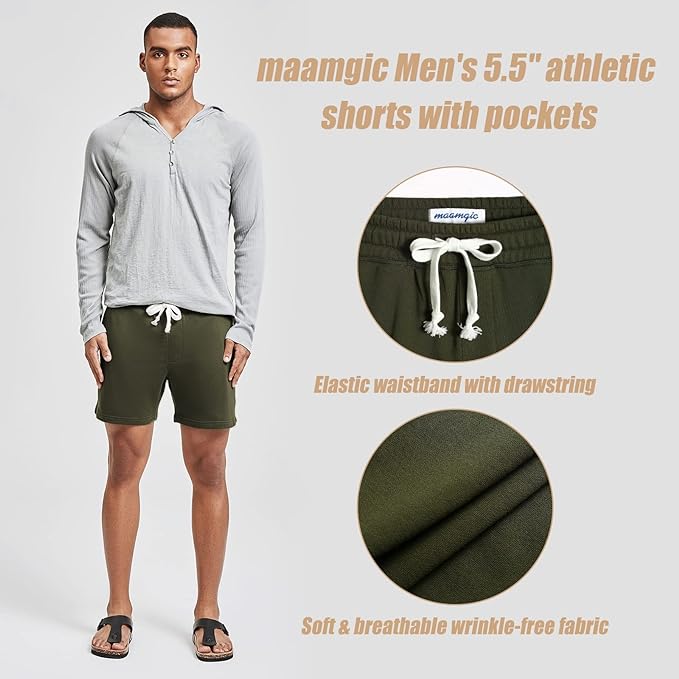 maamgic Mens Athletic Gym Shorts 5.5" Elastic Waist Casual Pajama Pocket Jogger Men Workout Short Pants