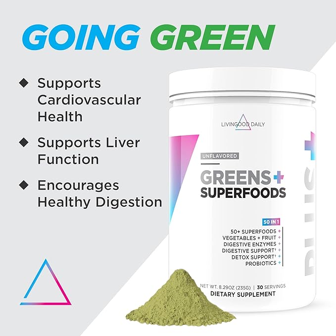 Livingood Daily Greens & Superfood Powder, Super Greens for Gut Health, Green Juice Powder with Spirulina, Chlorella, and Digestive Enzymes, Probiotics for Digestive Support, Unflavored, 30 Servings