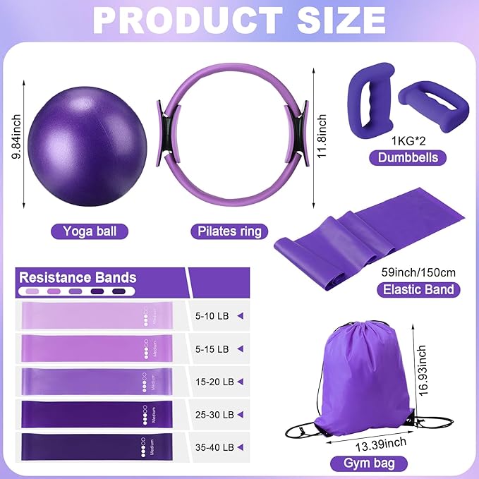 Poen 10 Pcs Home Pilates Kit for Women Include 12" Pilates Ring 10" Yoga Exercise Ball 5 Resistance Bands Dumbbells Elastic Band and Drawstring Backpack Set for Legs Arms Thighs