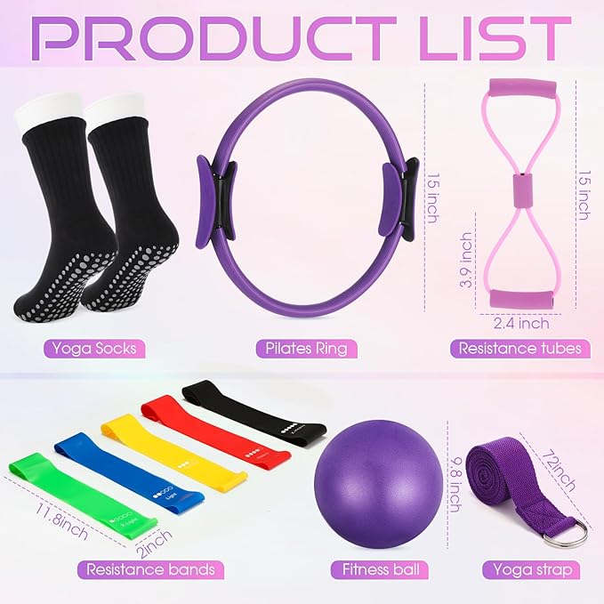 Home Pilates Essentials Kit for Women Pilates Equipment Set with Yoga Ball Resistance Band, Circle, Yoga Ring Circle Set for Beginners Home Workouts Legs Arms and Thighs