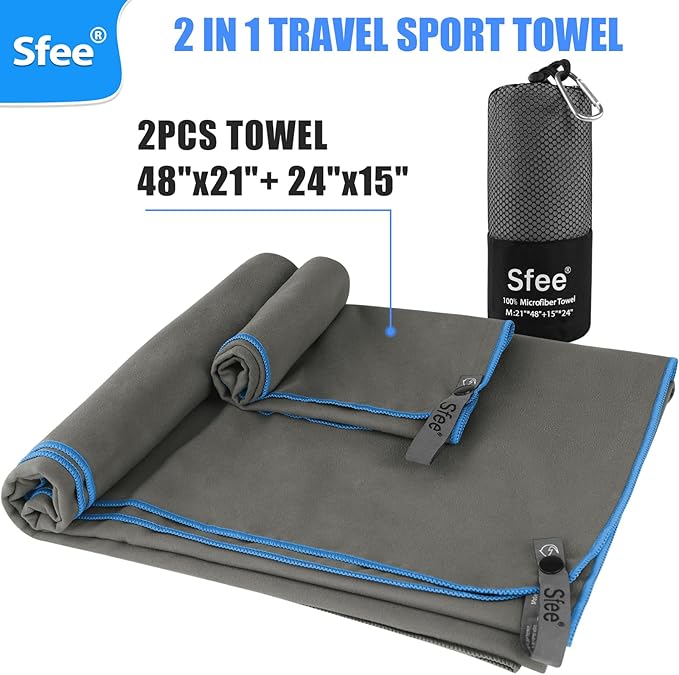 Sfee 2 Pack Microfiber Travel Towel, Quick Dry Towel Camping Towel Super Absorbent Compact Lightweight Sports Towel Swim Gym Towels Beach Towel Set for Gym, Hiking, Pool, Backpacking, Bath, Yoga