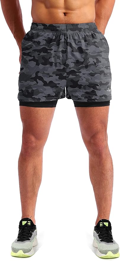 Pudolla Men’s 2 in 1 Running Shorts 5" Quick Dry Gym Athletic Workout Shorts for Men with Phone Pockets