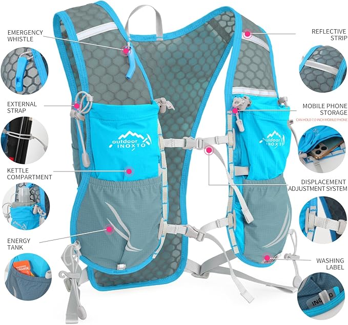 Running Vest for Women Men, Adjustable Chest Straps Running Hydration Vest with 500ml Soft Flask, Lightweight Breathable Reflective Hydration Backpack for Hiking