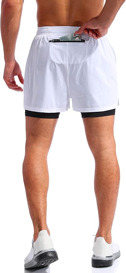 Pudolla Men’s 2 in 1 Running Shorts 5" Quick Dry Gym Athletic Workout Shorts for Men with Phone Pockets