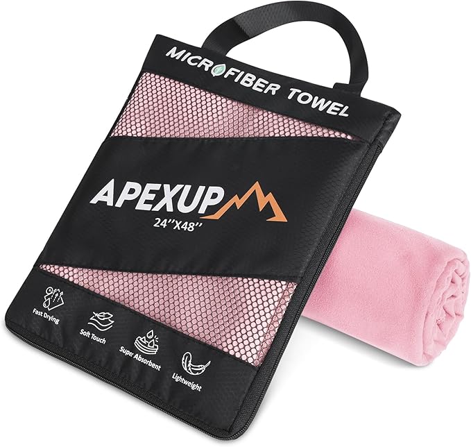 APEXUP Microfiber Travel Towel, Ultra Absorbent Quick Dry Towels, Lightweight Gym Sports Camping Towel for Workout, Yoga, Beach, Shower, Swimming (48"×24", Pale Rose)