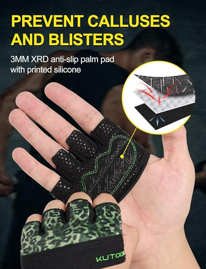 KUTOOK Weight Lifting Workout Gloves for Men/Women, 3mm XRD Padding Grip Gym Gloves, Breathable Partial Gloves for Calluses, Weightlifting Gloves for Exercise, Kettlebell, Pull-Ups, Cross Training