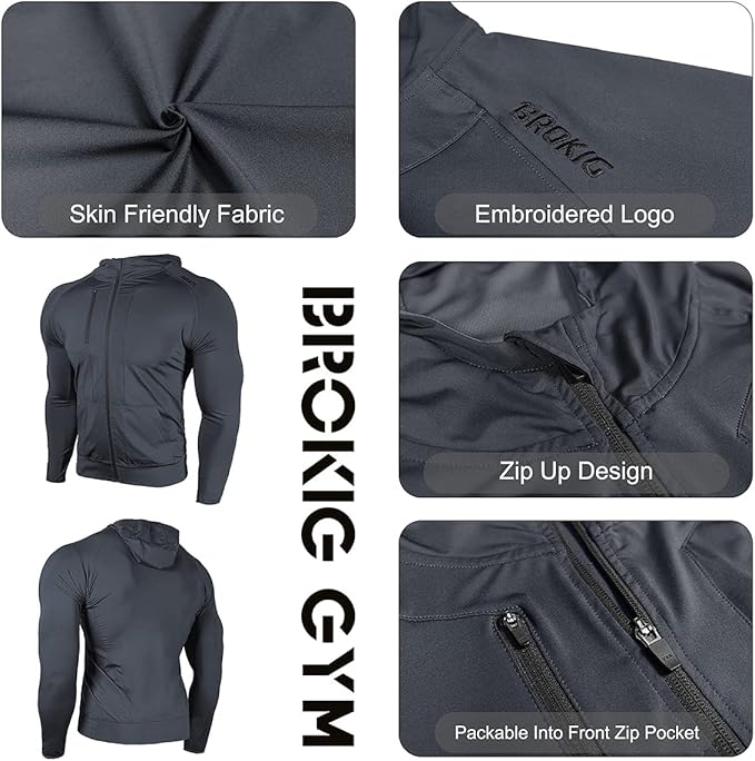BROKIG Mens WindBreak Lightweight Running Jackets with Zip Pocket, Workout Track Hoodie Athletic Gym Sweatshirts Men