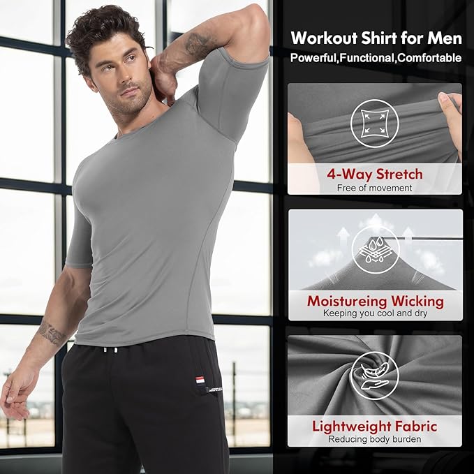 CL convallaria 4 Pack Compression Shirts Men Long Short Sleeve Cooling Dry Rash Guard Athletic Workout T Shirt for Sports