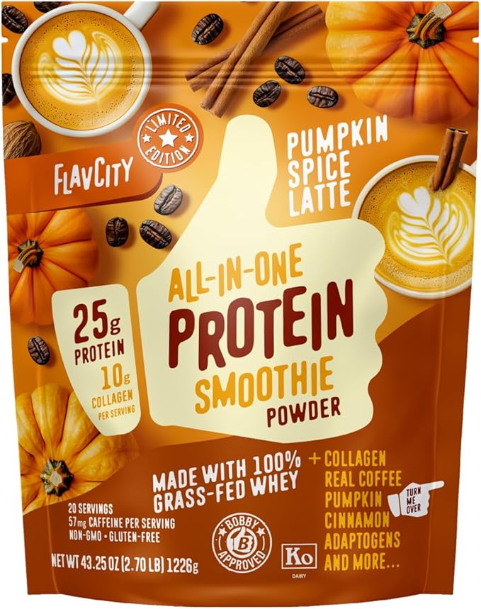 FlavCity Grass Fed Whey Protein Powder - Pumpkin Spice Latte - 25g Protein & 57mg of Caffeine - Made with Real Pumpkin & Organic Coconut Milk - Gluten Free & No Added Sugars (20 Servings)