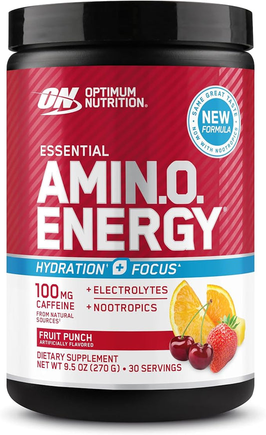 Optimum Nutrition Amino Energy Powder Plus Focus, with BCAA, Electrolytes, and Caffeine, Fruit Punch, 30 Servings (Packaging May Vary)