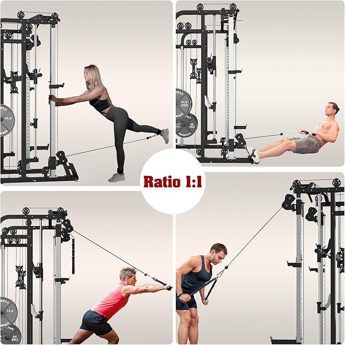 Smith Machine, Multifunctional Power Cage Rack with Smith Bar and Cable Pulley System, and LAT Pull Down Machine for Home Gym…