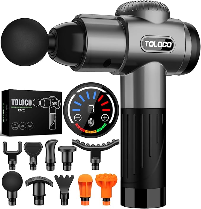 TOLOCO Massage Gun, Deep Tissue Back Massager for Athletes with 10 Massage Heads, Electric Muscle Percussion Massager for Any Pain Relief, FSA and HSA Eligible, Gifts for Fathers Day, Grey