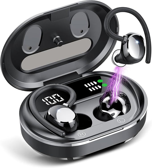 Wireless Earbuds, 2023 New Ultralight Sport Bluetooth 5.3 Headphones In Ear with LED Display, Built-in Mic Earphones, IPX7 Waterproof Wireless Headphones with Earhooks for Gym Workout (Black)
