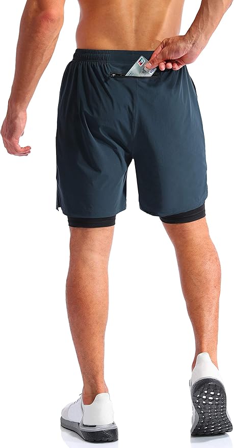 Pudolla Men’s 2 in 1 Running Shorts 5" Quick Dry Gym Athletic Workout Shorts for Men with Phone Pockets