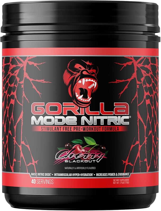 Gorilla Mode Nitric Upgraded Stimulant Free Pre-Workout – Best Tasting and Most Effective Stimulant Free Pre-Workout/Massive Pumps · Vasodilation · Power / 776 Grams (Cherry Blackout)