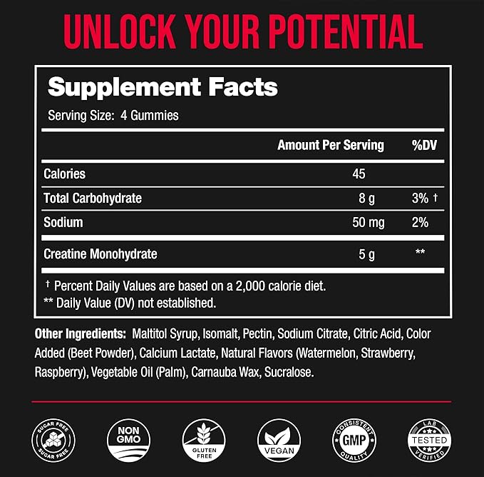 NutraChamps 120 Creatine Gummies for Men & Women - 5g Sugar Free Chewable Creatine Monohydrate Gummies - Supports Protein Synthesis, Muscle Recovery & Workout Performance