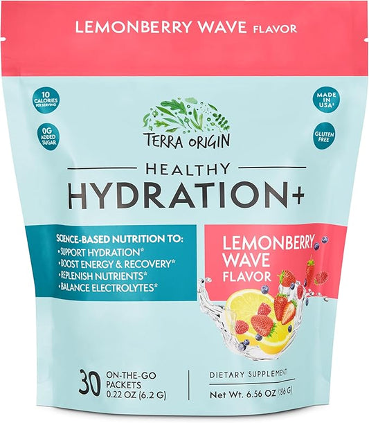 TERRA ORIGIN Healthy Hydration+ Weekend Recovery | 30 Packets | Zero Sugar Powder Drink for Energy and Recovery | Lemonberry Wave