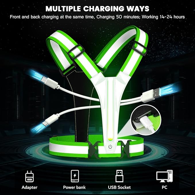 LED Reflective Running Vest Gear,Light Up Vest Runners Night Walking USB Rechargeable,Up to 11hrs Light with Adjustable Waist/Shoulder for Women Men Kids