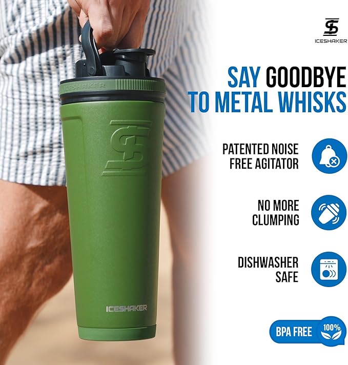 Ice Shaker Insulated Stainless Steel Shaker Bottle | 26oz, Green | Cold for 30+ Hours | Insulated Cup with Twist-on Agitator | Odor-Free Bottle for Protein Shakes, Water, Smoothies, Cocktails
