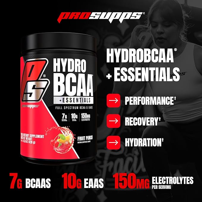 PROSUPPS HydroBCAA Essential Amino Acids Powder, Fruit Punch - Workout Supplement with BCAA, EAAs & Electrolytes for Hydration & Recovery - Stimulant-Free, Soy & Gluten-Free - 30 Servings
