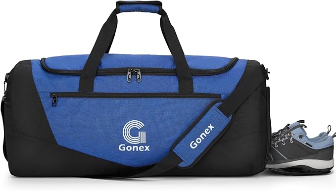 Gonex Gym Duffel Bag with Shoe Compartment Wet Pocket, Large Capacity Sports Duffle Bag for Men Women, Workout & Travel Bag with Multiple Pockets, Black/Blue, Medium (60L)